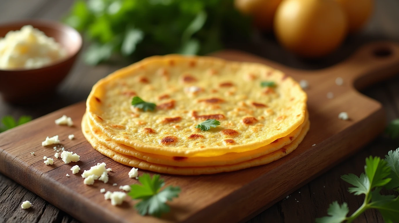 Freshly baked mini corn tortillas with a sprinkle of crumbled queso fresco and a few fresh cilantro leaves on a rustic wooden cutting board.