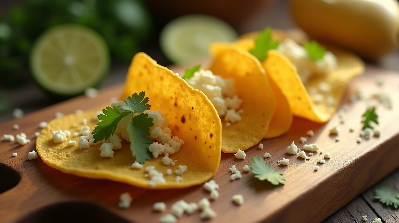 A plate of mini corn tortillas with queso fresco and cilantro, served on a rustic wooden board