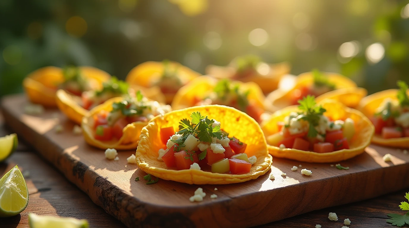 A wooden board filled with colorful mini corn tortillas topped with fresh cilantro, crumbled queso fresco, and a slice of lime, perfect for a party appetizer spread.