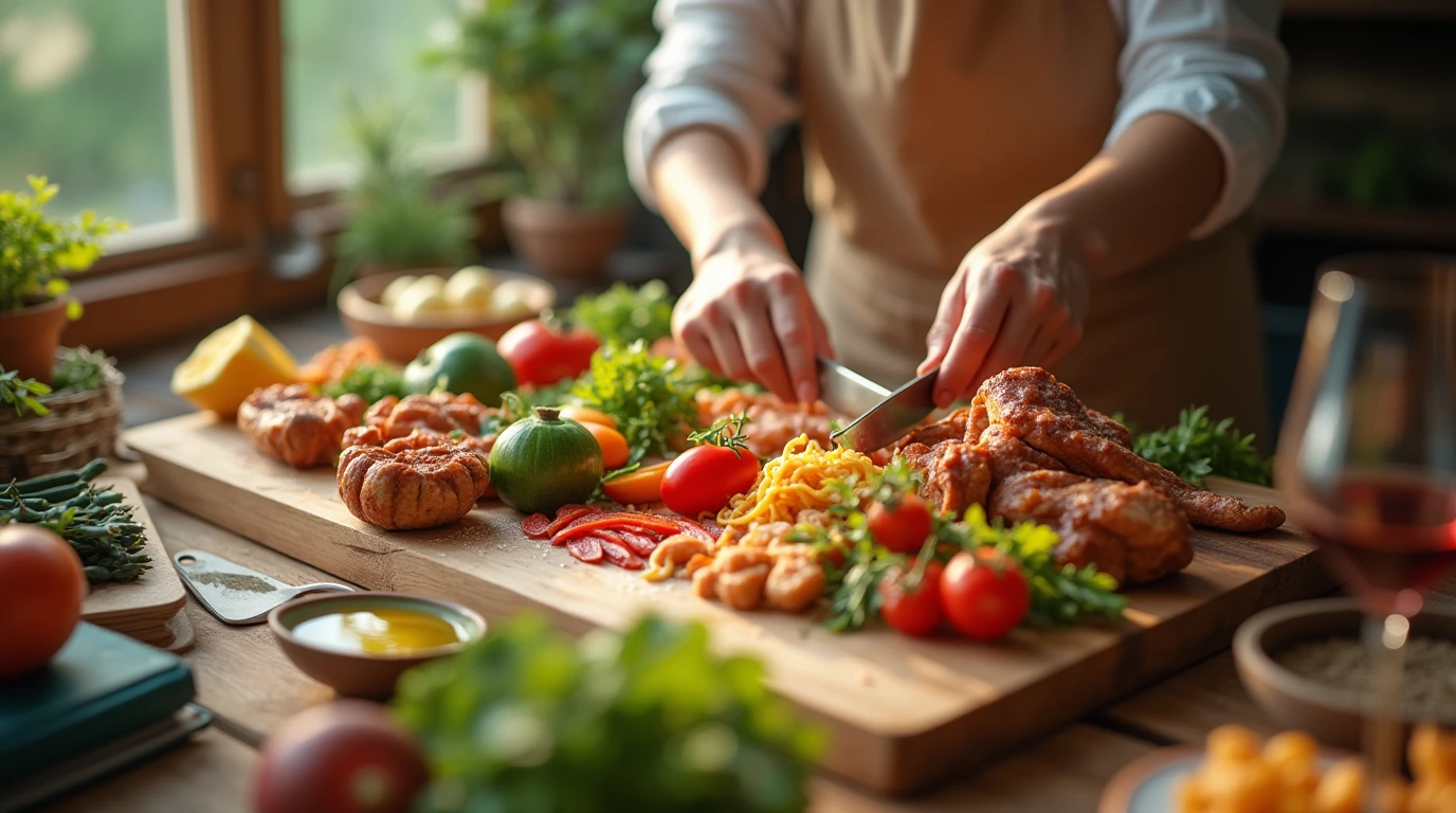 A chef prepares a meal on a wooden cutting board, surrounded by fresh ingredients and cooking tools.