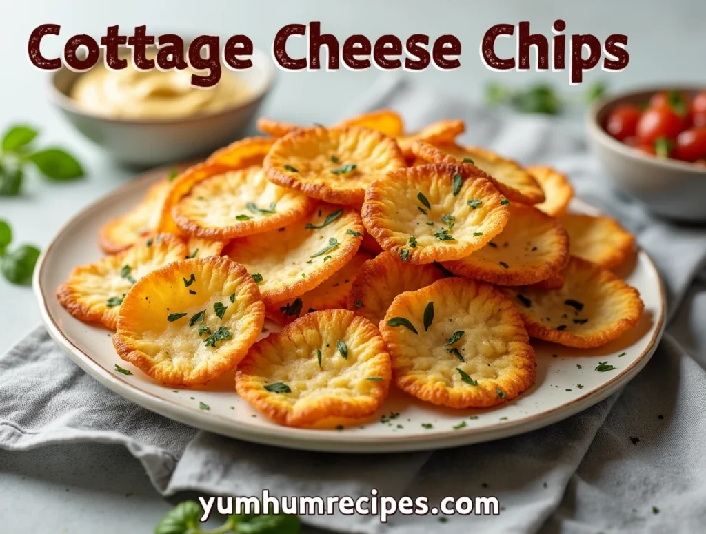 A plate of crispy cottage cheese chips garnished with herbs, served with a bowl of dips on a stylish table.