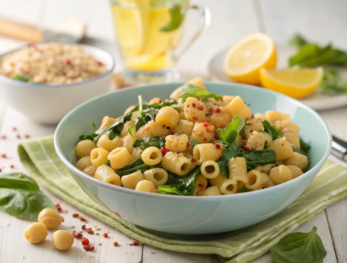 Ditalini Pasta with Chickpeas and Lemon topped with fresh herbs and lemon zest.