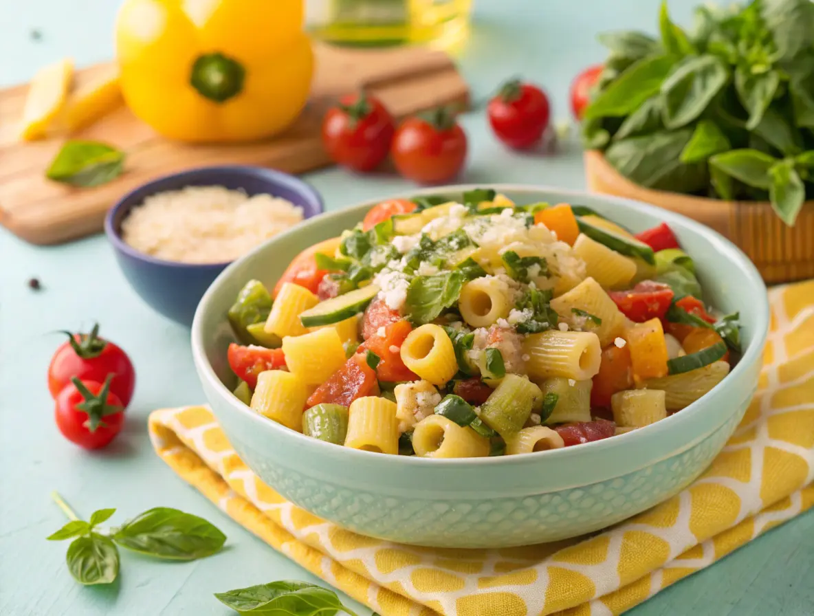 Ditalini Pasta Primavera with fresh vegetables and herbs.