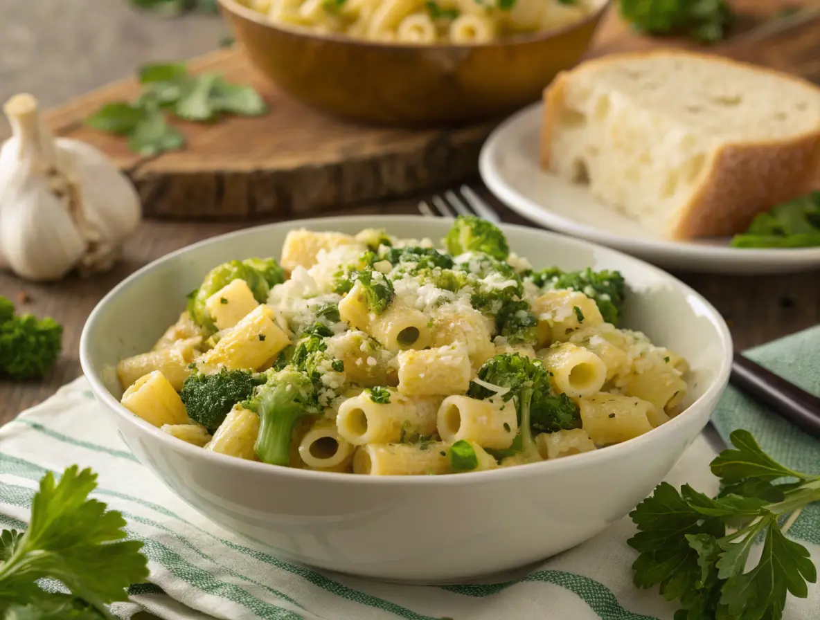 Ditalini Pasta with Broccoli and Cheese topped with fresh herbs and grated cheese.