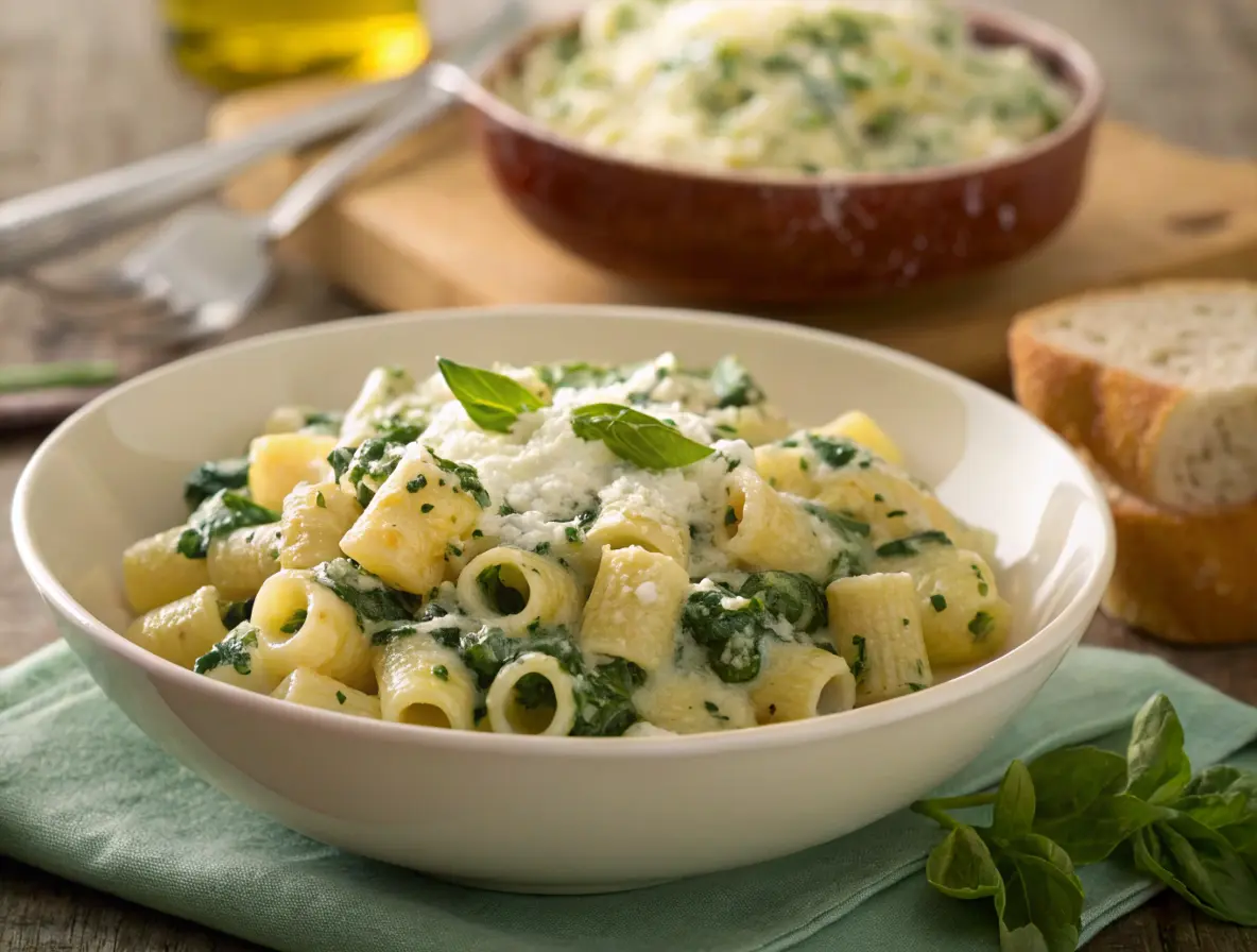 Ditalini Pasta with Spinach and Ricotta topped with fresh herbs and Parmesan cheese.