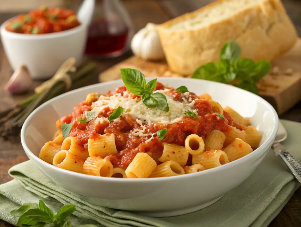 Ditalini Pasta with Marinara Sauce topped with fresh basil and Parmesan cheese.