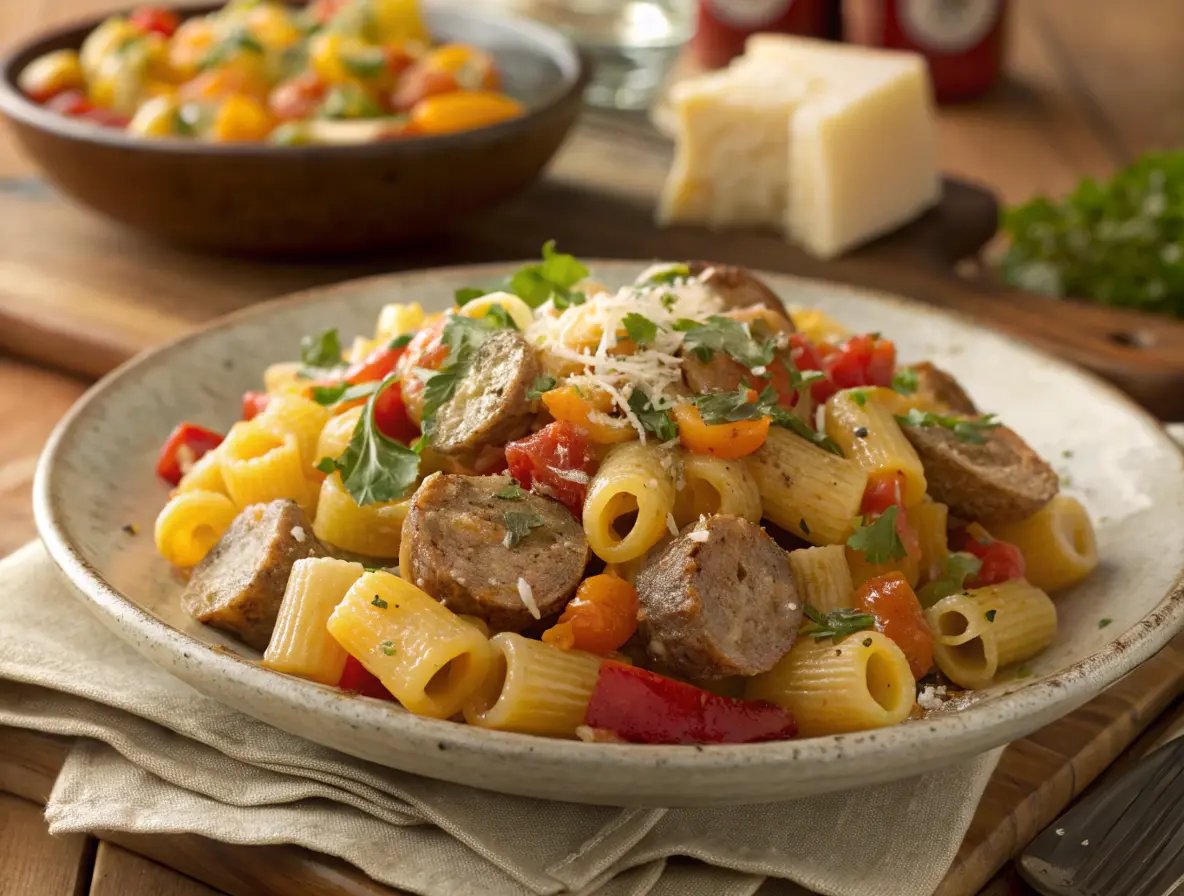 Ditalini Pasta with Sausage and Peppers featuring colorful vegetables and herbs.