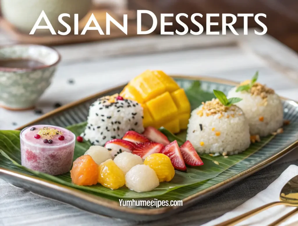 An assortment of delicious asian desserts including mochi, mango sticky rice, and boba tea, beautifully arranged on a decorative plate.