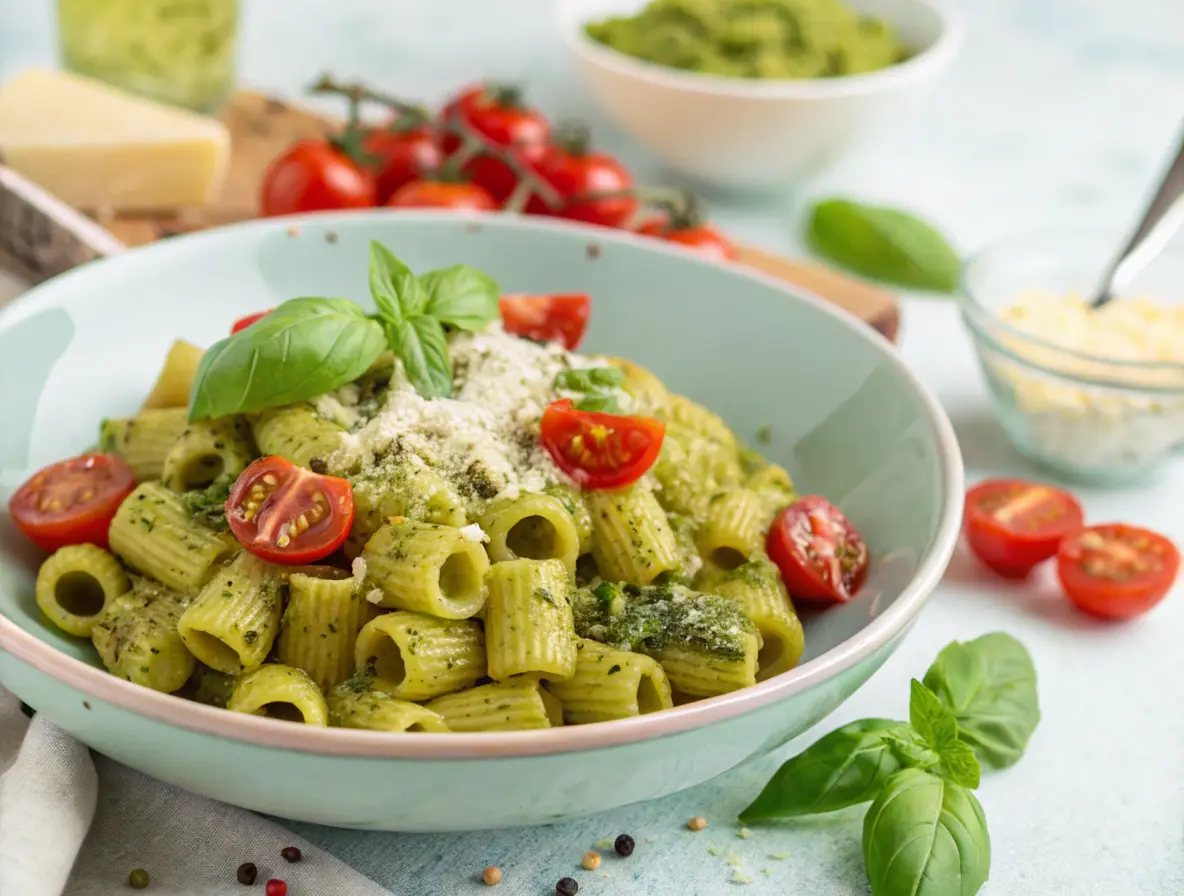 Ditalini Pasta with Pesto topped with cherry tomatoes and Parmesan cheese.