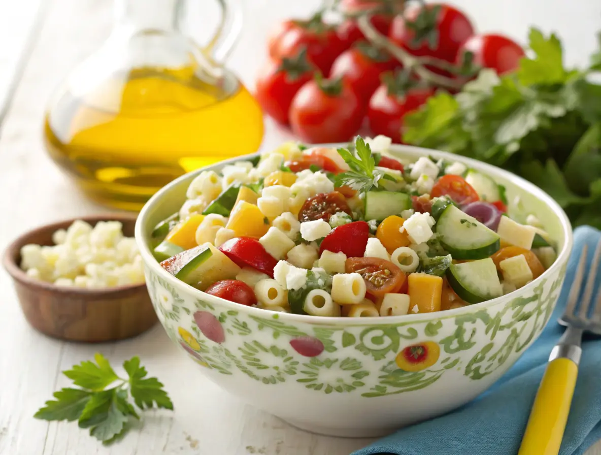 Classic Ditalini Pasta Salad featuring colorful vegetables and fresh herbs.