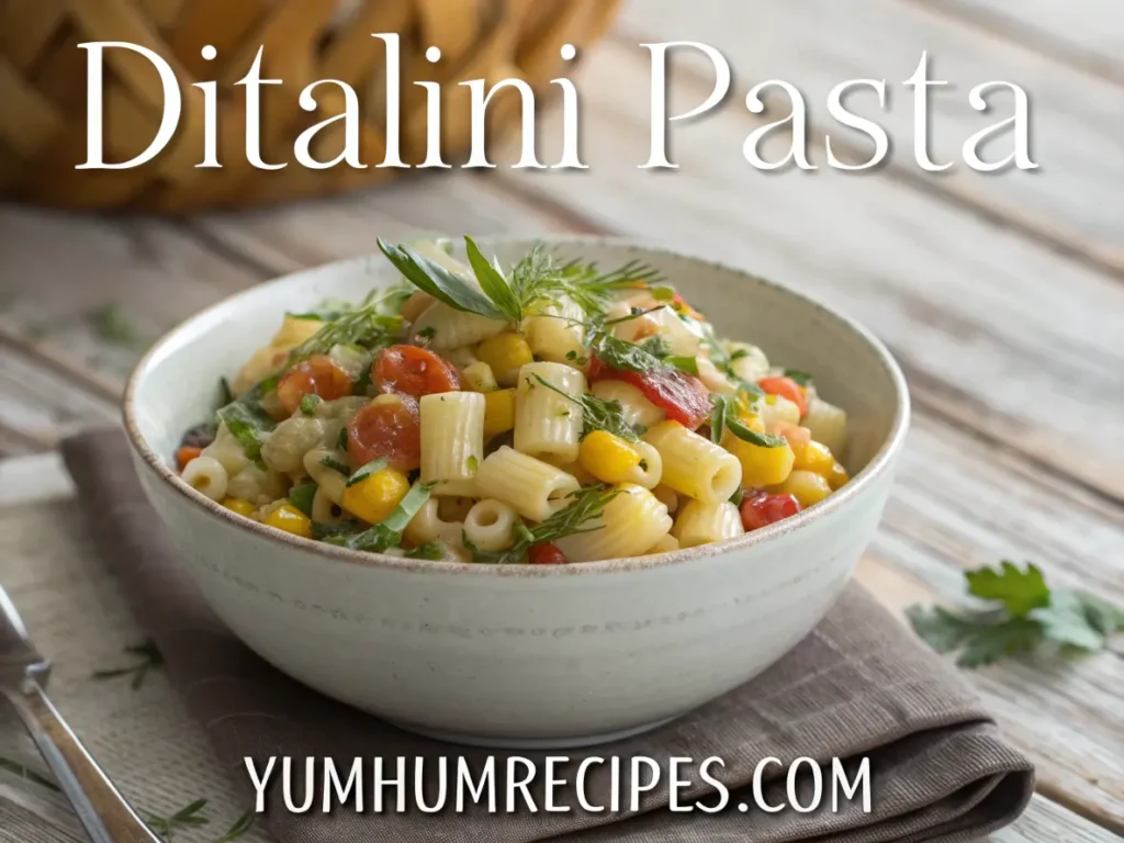 A delicious bowl of ditalini pasta with fresh vegetables and herbs, garnished with a light sauce, presented on a rustic wooden table.