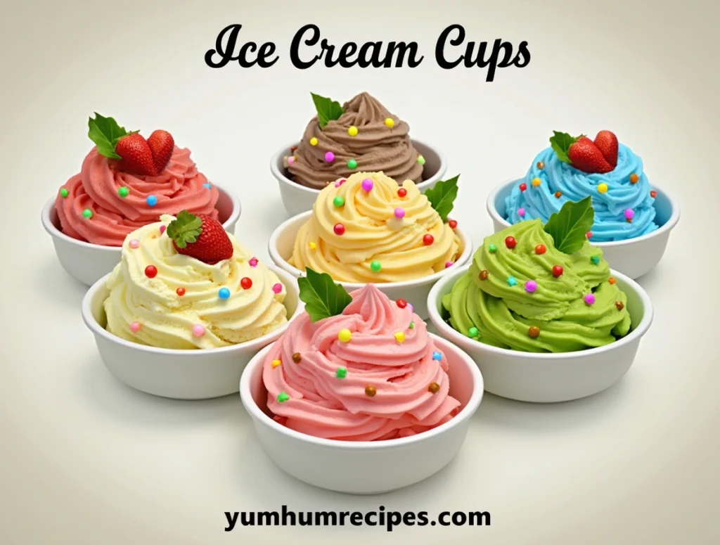 An assortment of ice cream cups featuring different flavors and toppings, showcasing a delightful dessert experience.