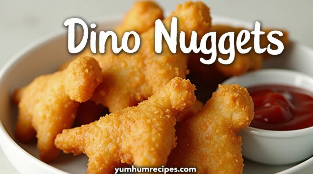 A mouthwatering plate of golden-brown Dino Nuggets, with the title "Dino Nuggets" prominently displayed in the background.