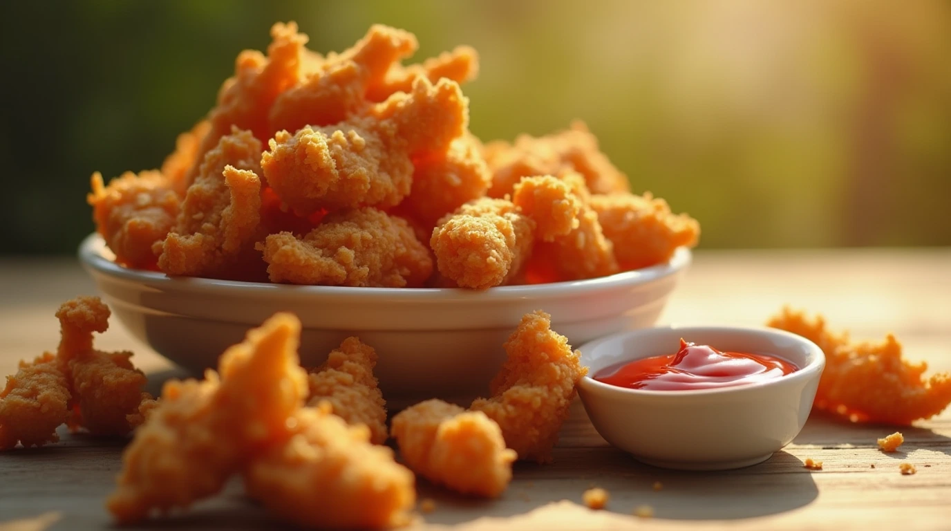 A golden-brown Dino Nugget served on a bed of fresh lettuce with cherry tomatoes and ranch dressing, accompanied by a toy dinosaur and wooden fork