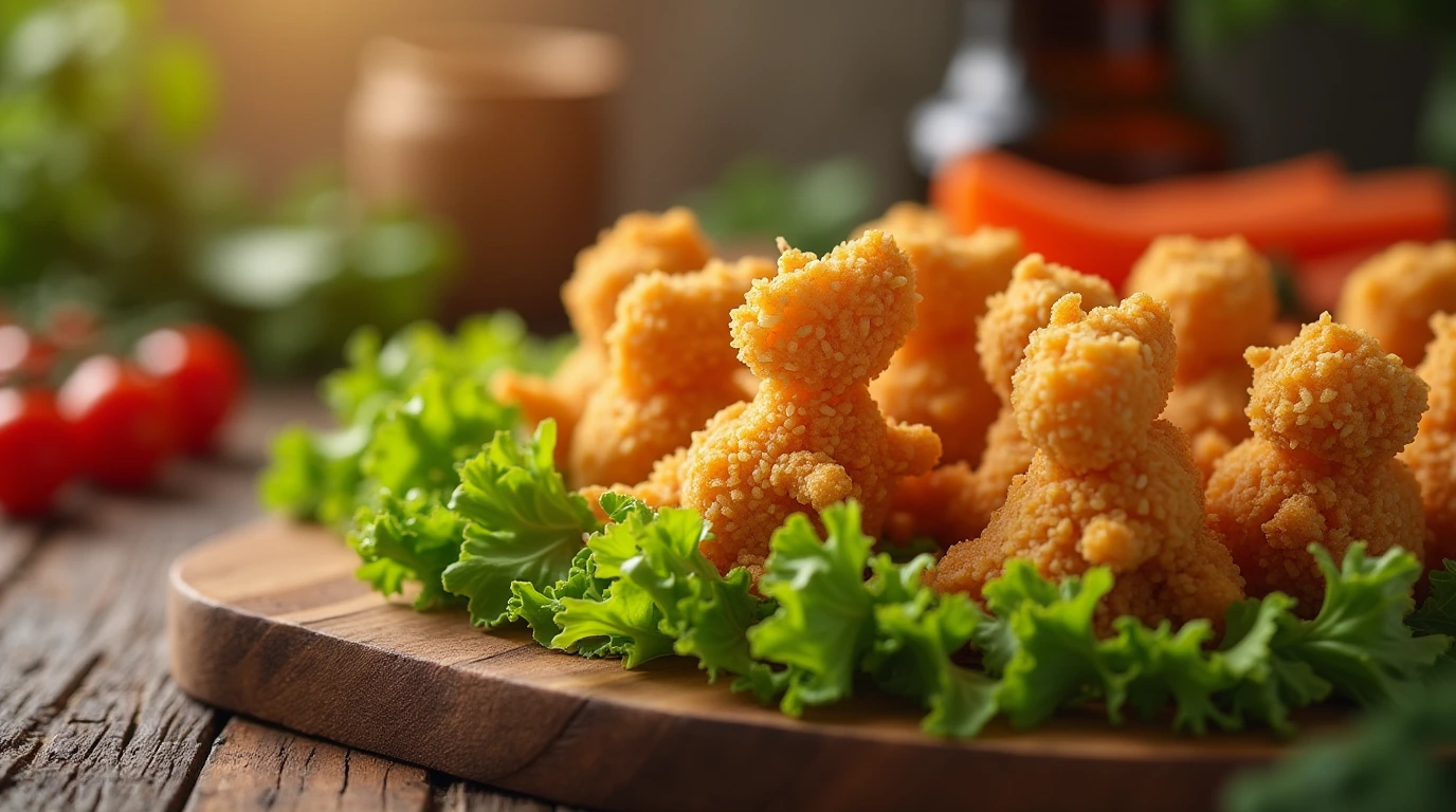 A close-up shot of Dino Nuggets on a bed of fresh greens, highlighting their nutritional benefits.