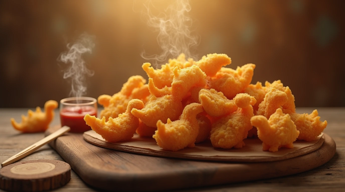 A plate of golden-brown Dino Nuggets with a side of ketchup and a wooden pick.