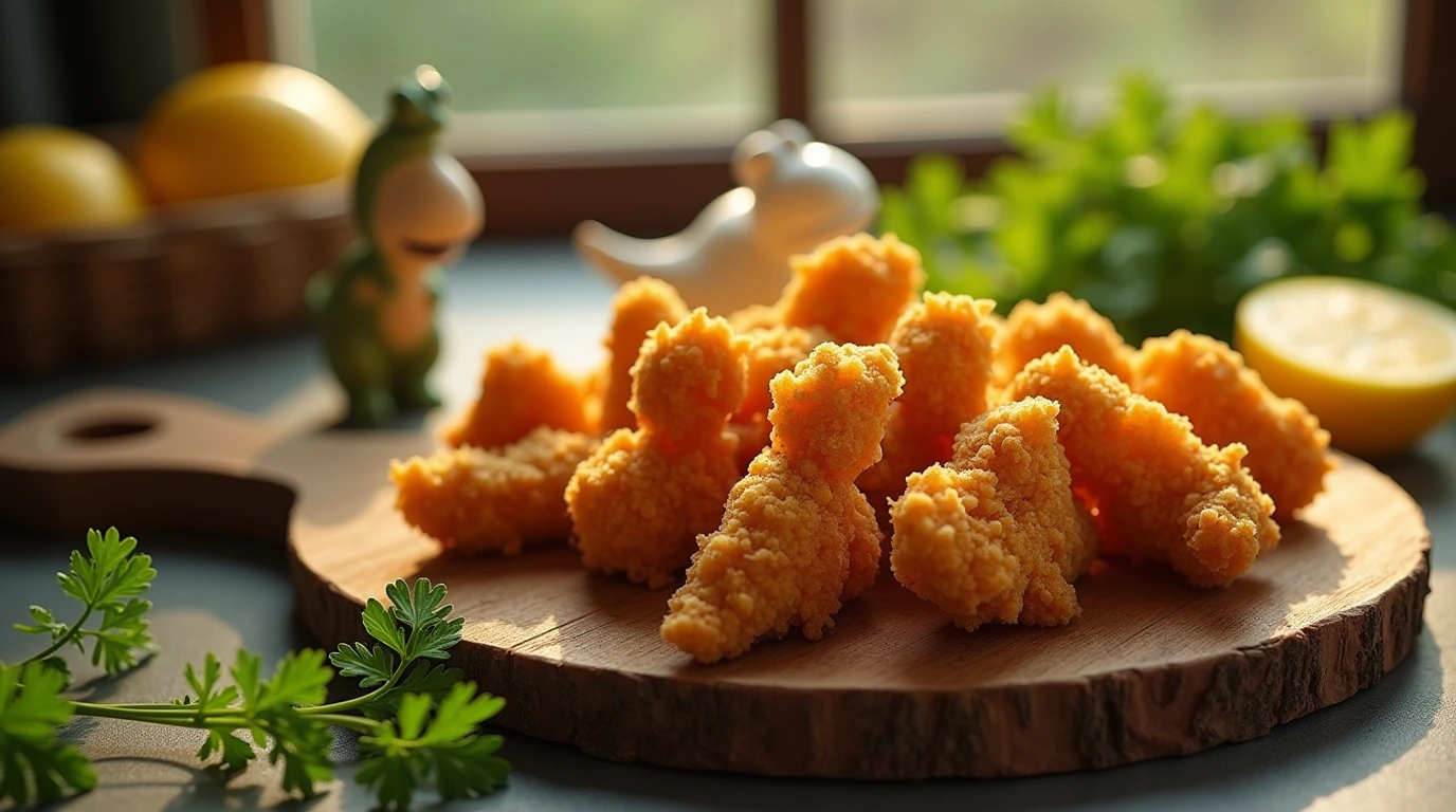 A rustic wooden serving board adorned with golden-brown Dino Nuggets, fresh parsley, and a slice of lemon, with a ceramic dinosaur figurine peeking out from behind.