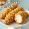 Fried chicken ice cream on a white plate, showcasing a crispy exterior with a creamy vanilla ice cream center.