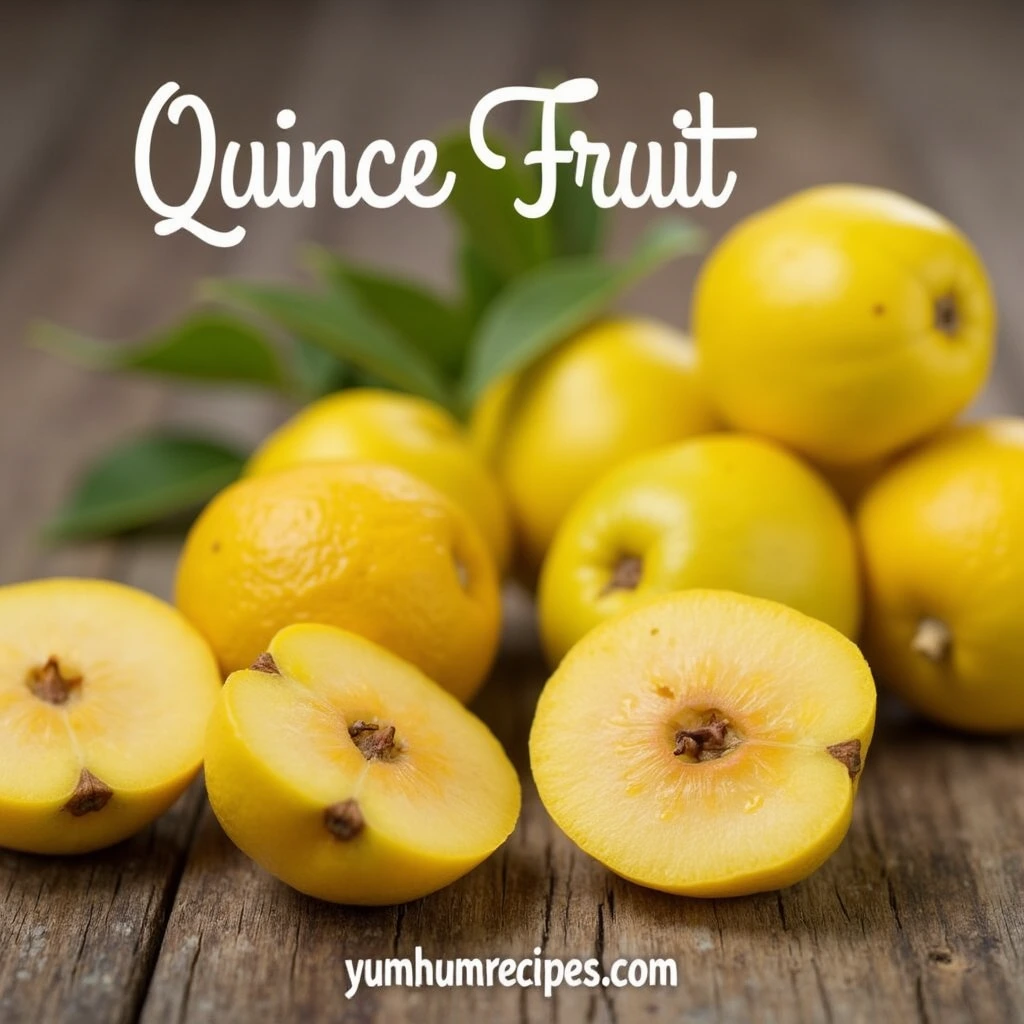 Fresh quince fruit displayed on a rustic wooden table, showcasing whole and sliced quinces with the title 'Quince Fruit' at the top and 'yumhumrecipes.com' at the bottom.