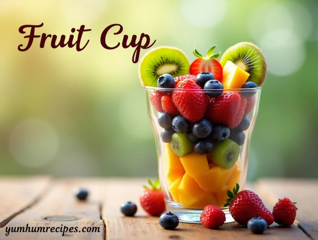 Realistic fruit cup filled with fresh strawberries, blueberries, kiwi, and mango, displayed on a wooden table.