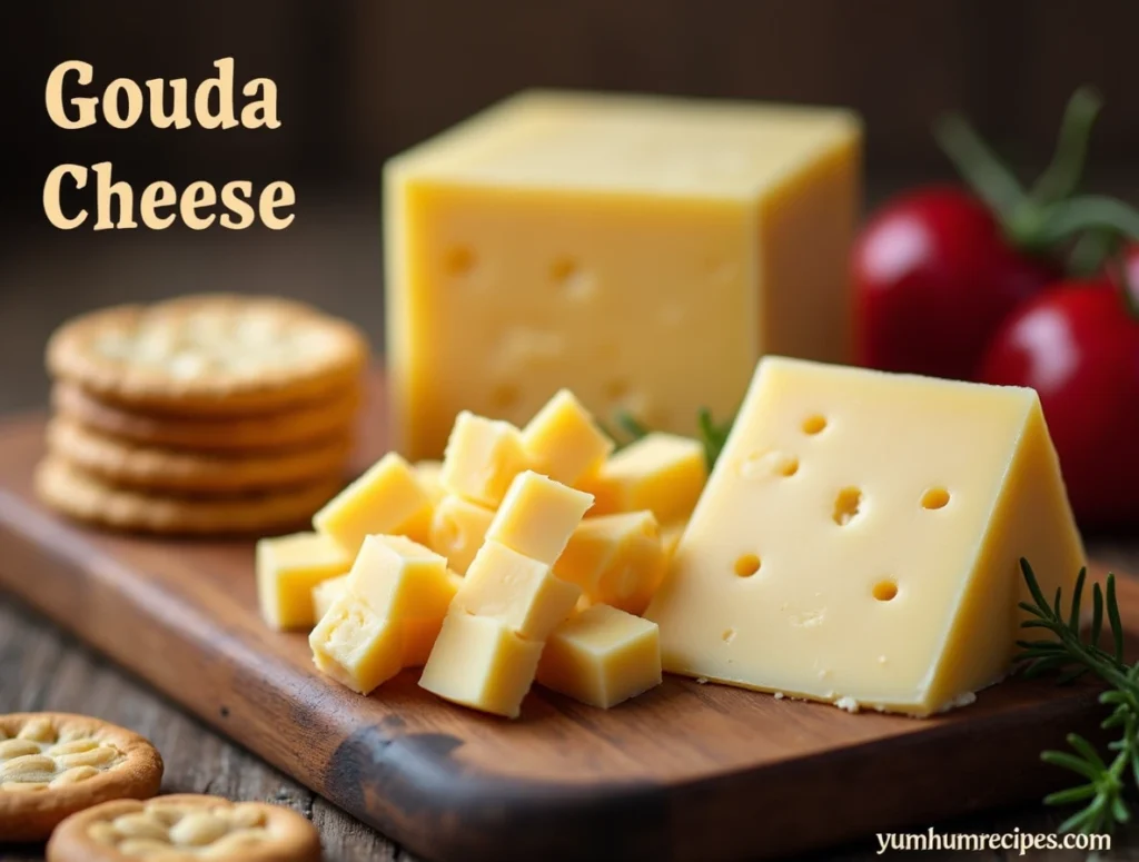 An assortment of gouda cheese types on a wooden cheese board, garnished with fruits and nuts.