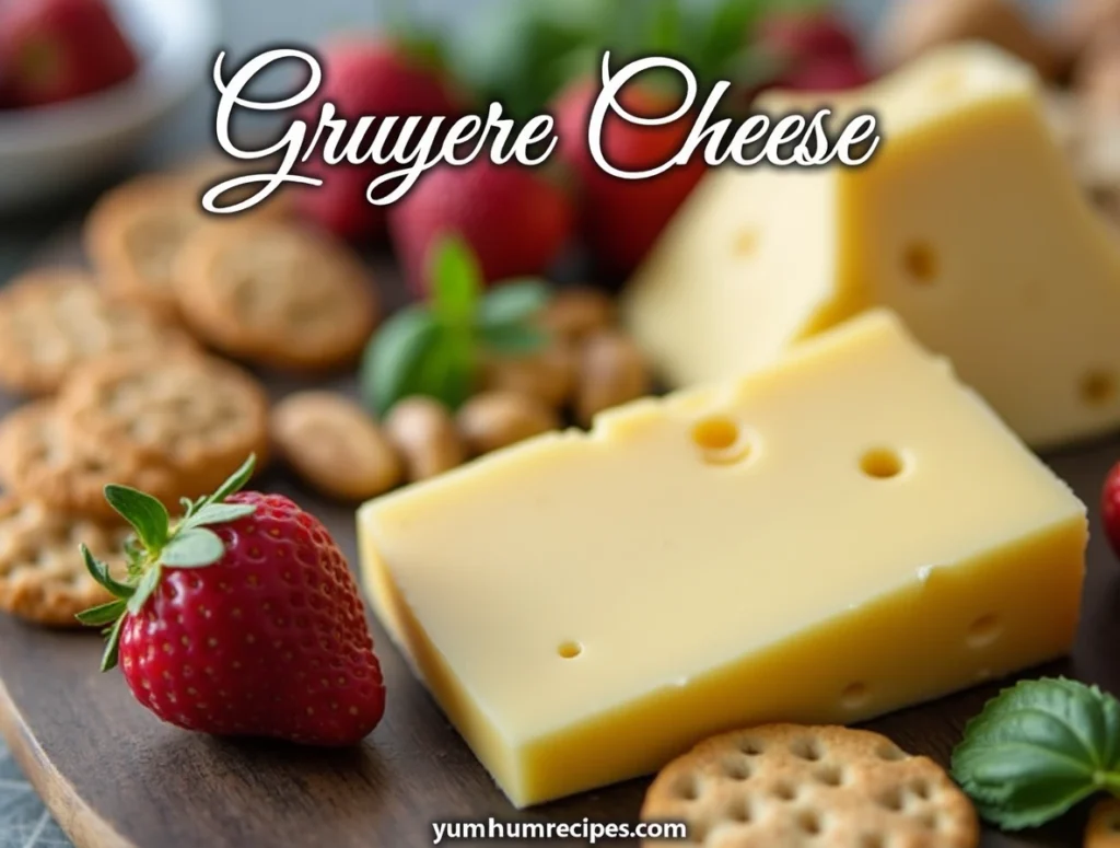 An elegant cheese platter featuring gruyere cheese, accompanied by fruits, nuts, and crackers, with the title 'Gruyere Cheese​' at the top and 'yumhumrecipes.com' at the bottom.