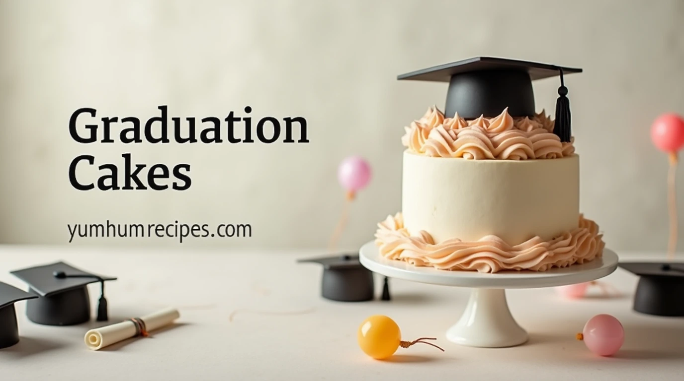 A beautifully decorated graduation cake with the title "Graduation Cakes" prominently displayed, perfect for inspiration and recipe ideas.