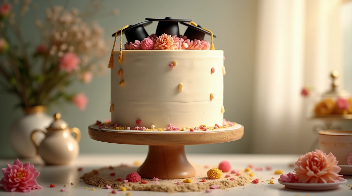 A beautifully crafted graduation cake with sugar-crafted caps and colorful pompoms, set on a vintage wooden cake stand and surrounded by fresh flowers.