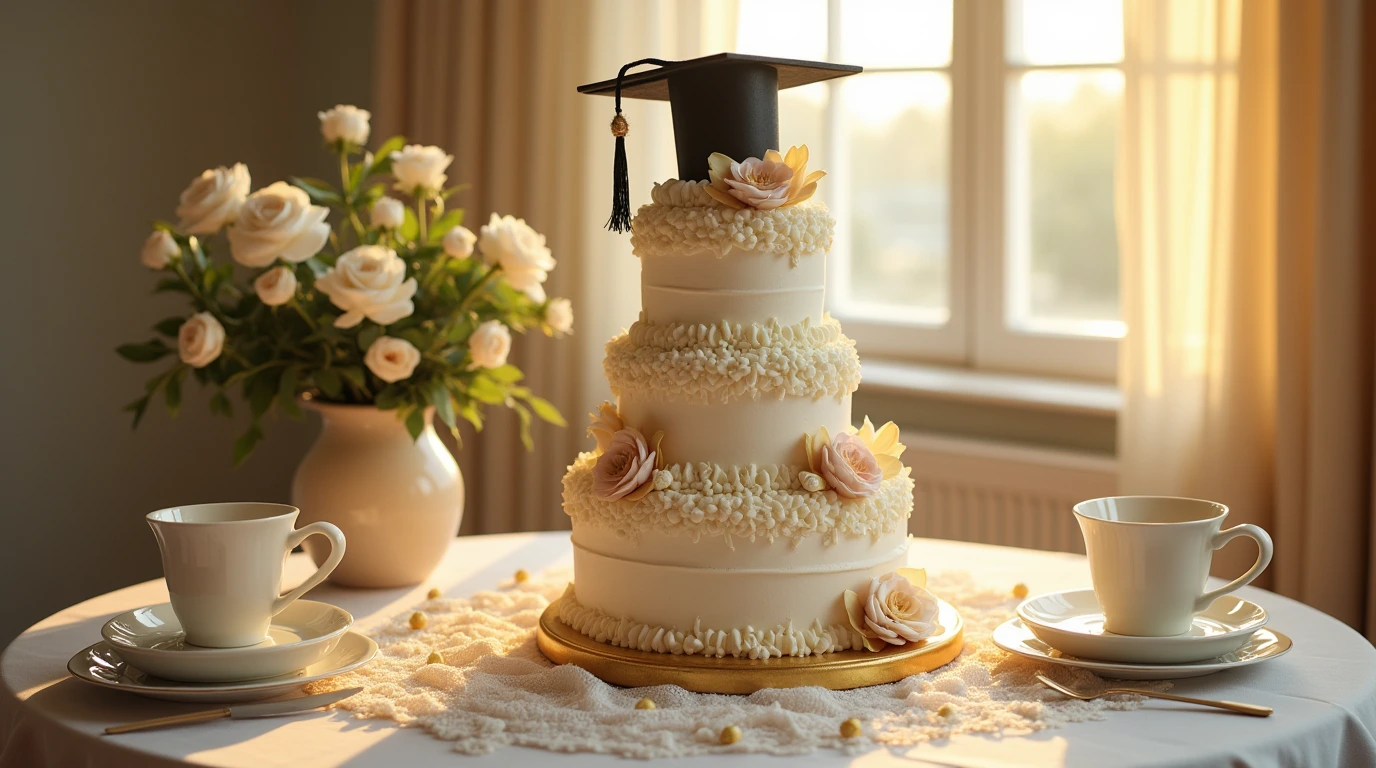 A majestic graduation cake surrounded by fine china, fresh flowers, and a delicate lace runner, perfect for a memorable celebration.