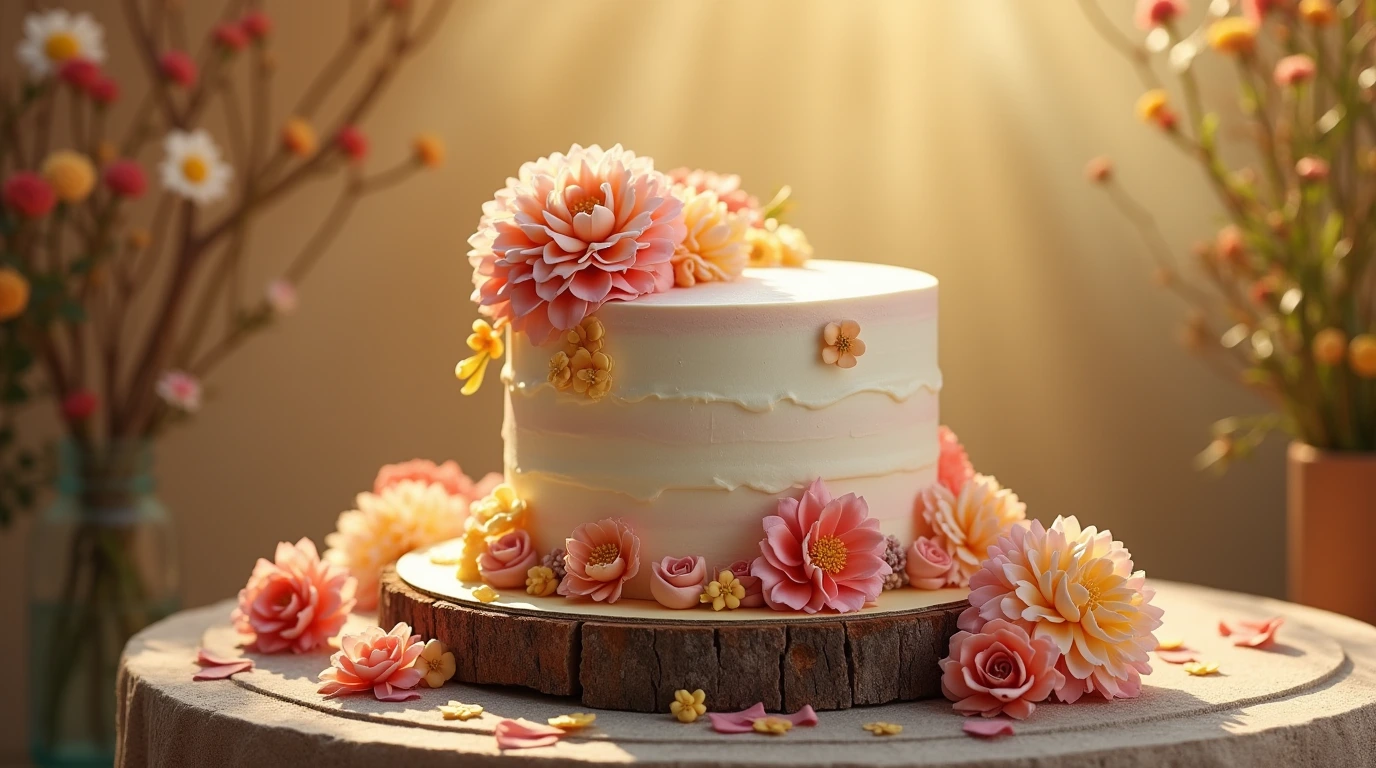 A stunning graduation cake with colorful fondant flowers and sugar decorations on a rustic wooden pedestal.