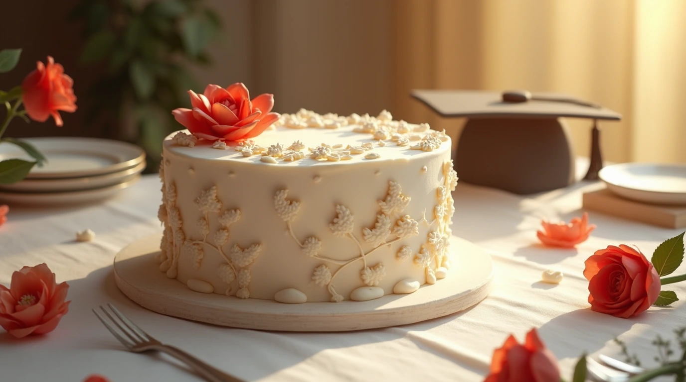 A beautifully set table featuring a majestic graduation cake, surrounded by props and soft, warm lighting.