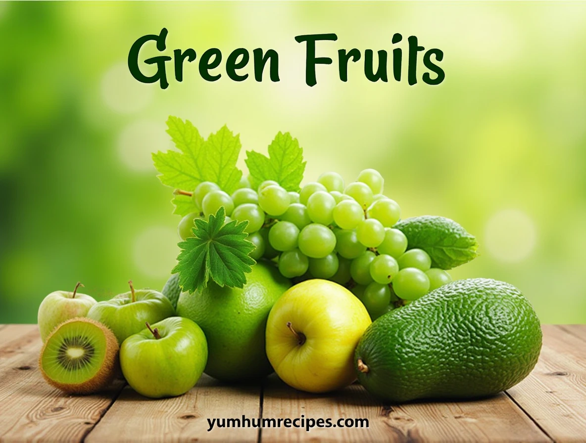 A colorful assortment of green fruits, including avocados, green apples, kiwis, and grapes, displayed on a wooden table with the title "Green Fruits" at the top and "yumhumrecipes.com" at the bottom.