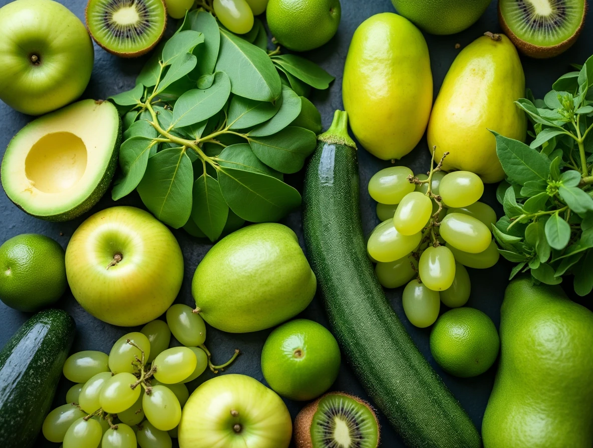 Variety of Green Fruits including Avocado, Green Apples, Kiwis, Spinach, Green Grapes, Cucumbers, Zucchini, Green Pears, Limes, and Honeydew Melon.