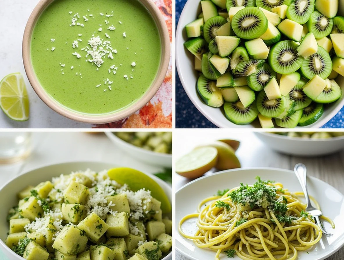 Variety of Recipes Featuring Green Fruits: Green Smoothie Bowl, Avocado and Green Apple Salad, Kiwi and Cucumber Salsa, Zucchini Noodles with Pesto.