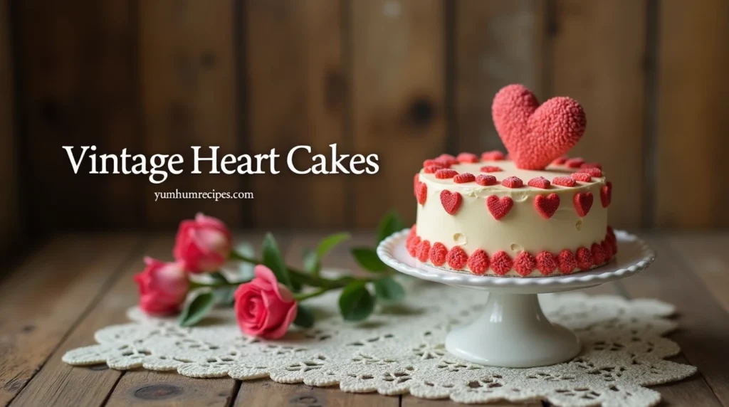 A beautifully decorated vintage heart cake with the title "Vintage Heart Cakes" prominently displayed, perfect for special occasions and celebrations.