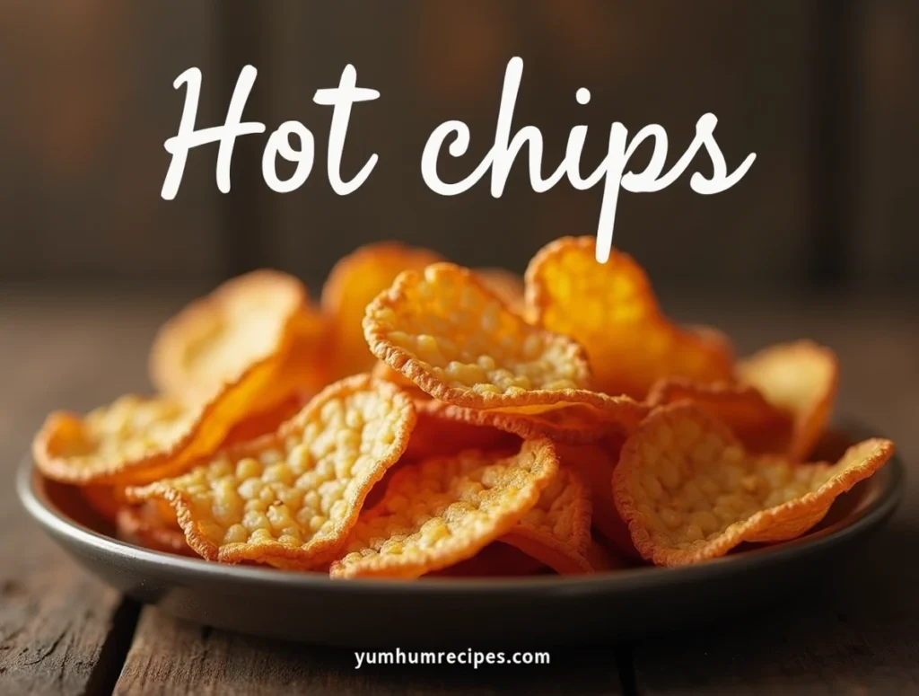 A plate of crunchy, golden-brown hot chips with the keyword "hot chips, chips, hot, crunchy, spicy, snacks" written above and a website URL at the bottom.