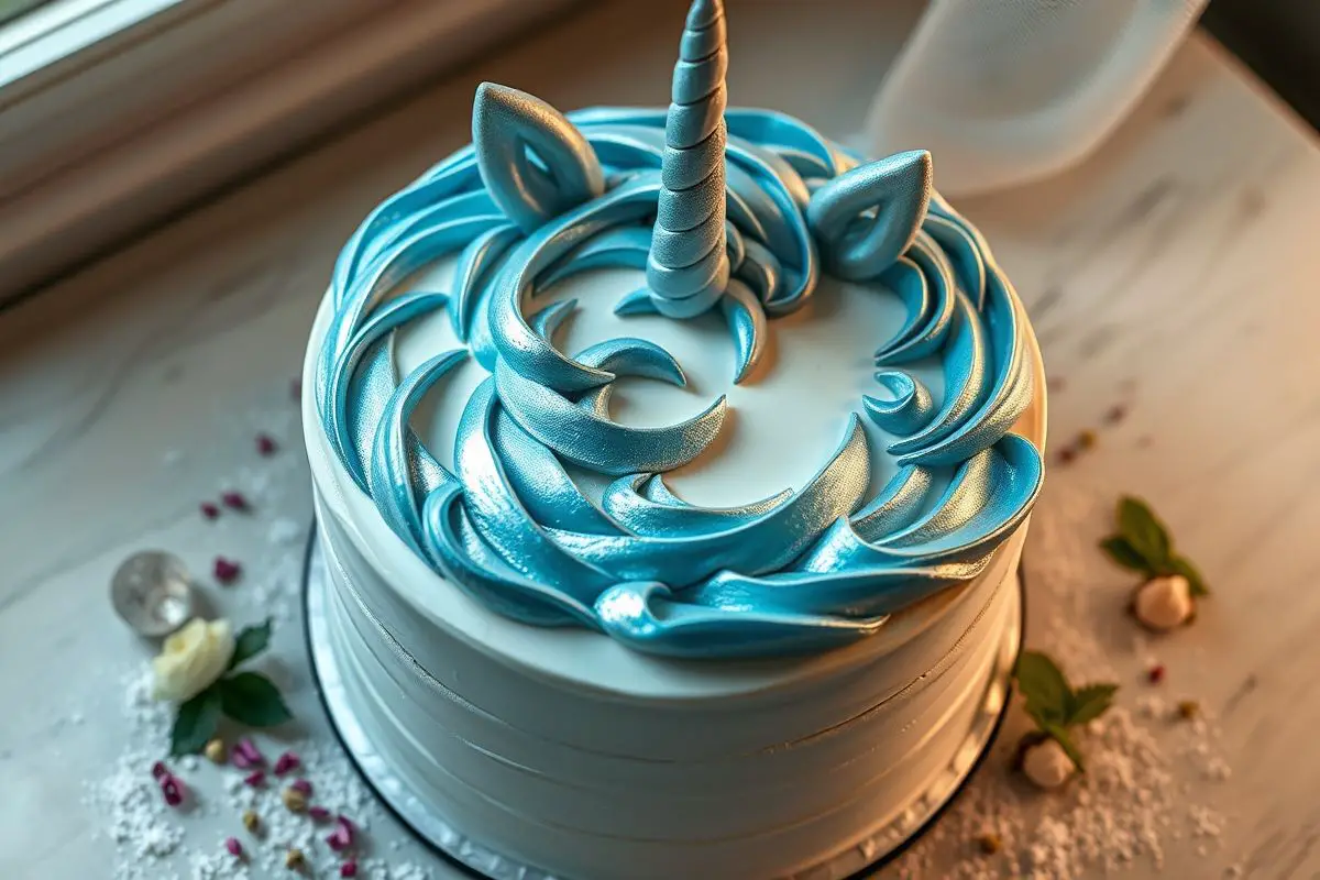 A beautifully decorated unicorn cake with shimmering silver and iridescent blue frosting, surrounded by fresh mint, edible flowers, and a delicate glass crystal.