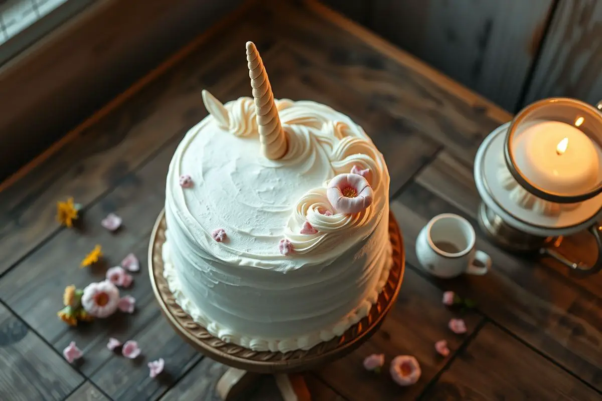 A majestic unicorn cake, surrounded by rustic props and soft, warm lighting.