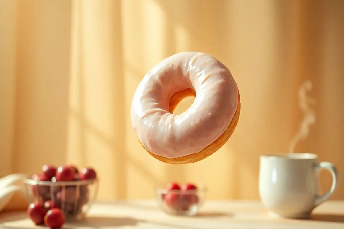 A close-up shot of a protein donut suspended mid-air, with a bowl of fresh berries and a steaming cup of coffee nearby.