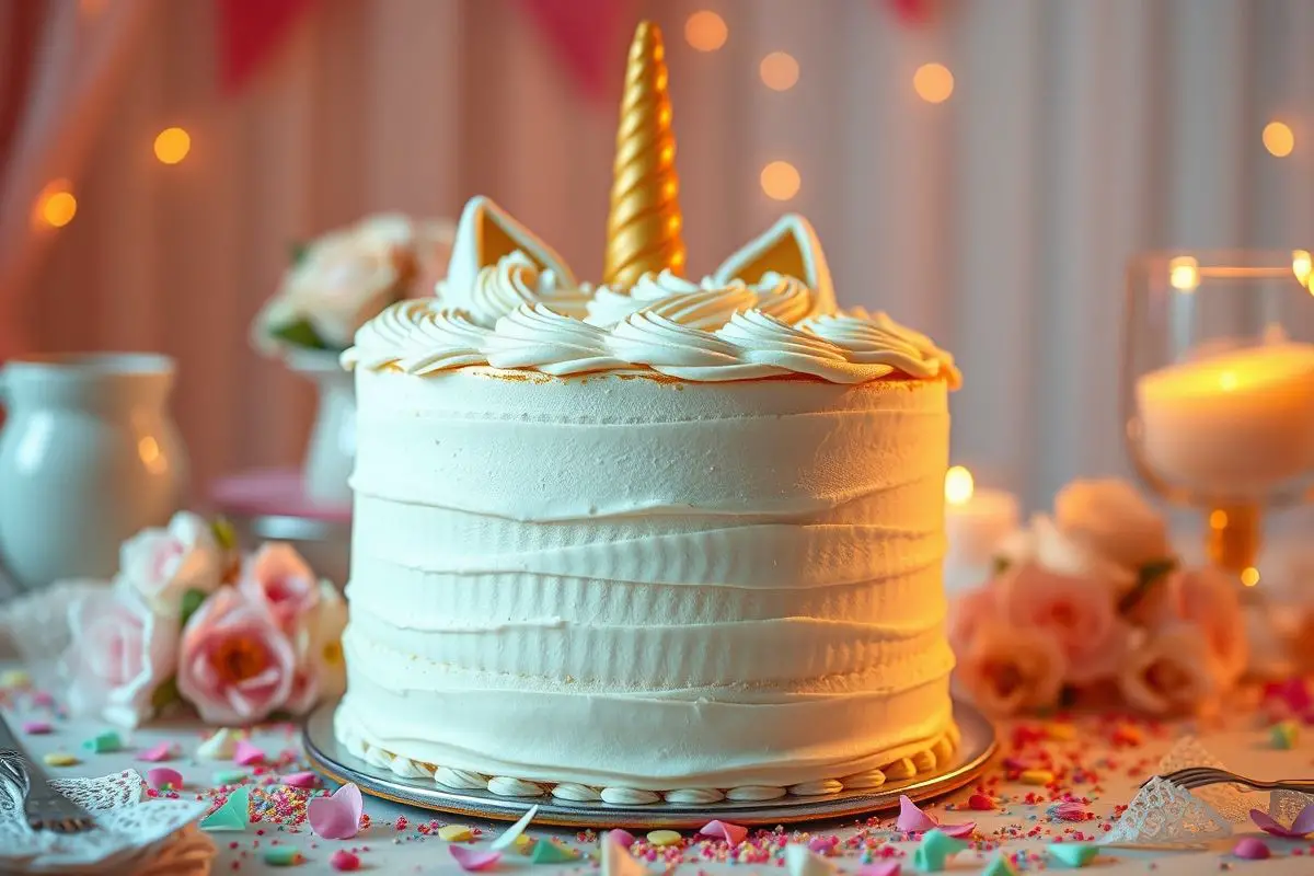 A stunning 8k image of a unicorn cake surrounded by colorful confetti and edible flowers, set against a warm, golden background.