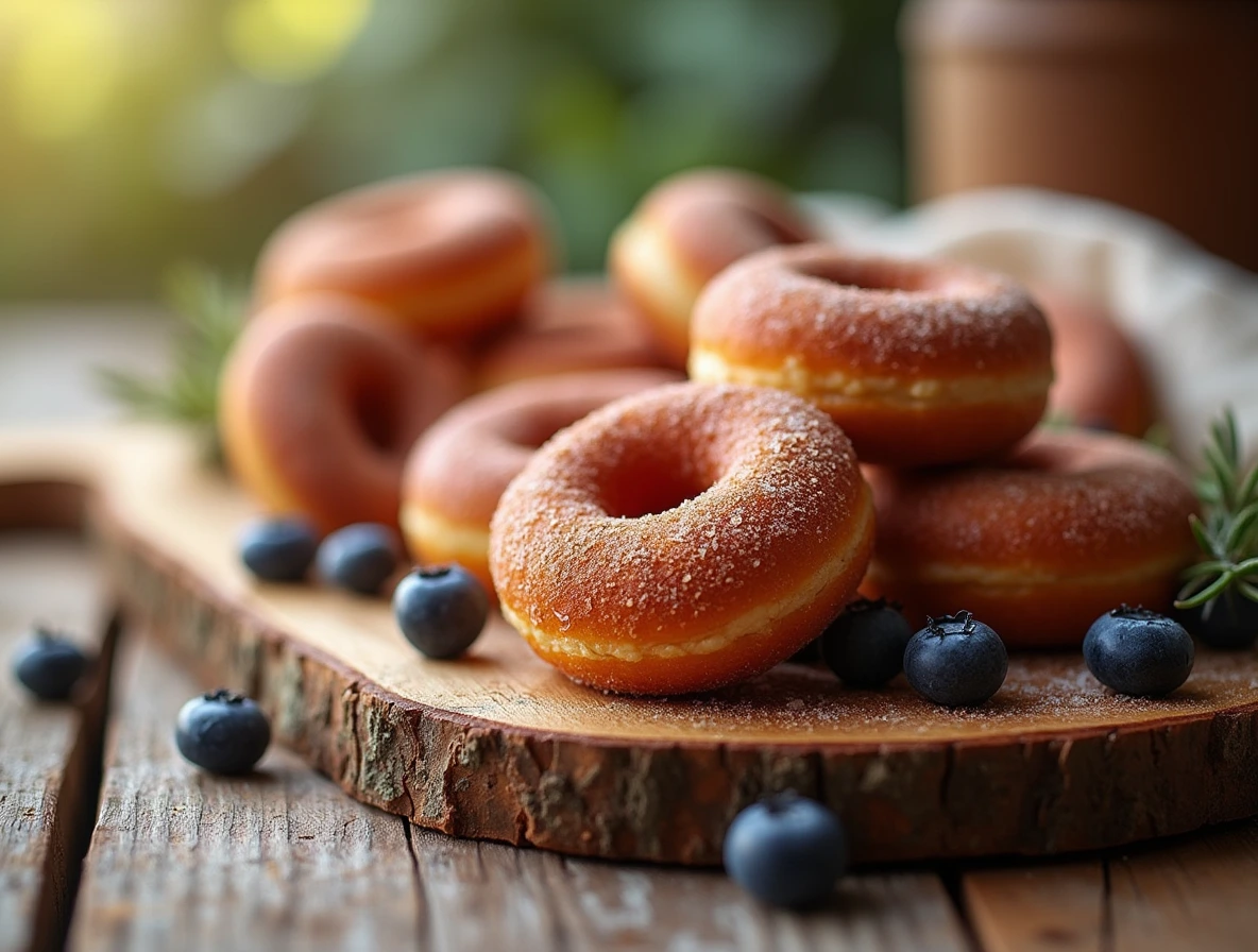 A delicious protein donut with fresh blueberries and rosemary on a wooden cutting board, highlighting the health benefits of protein-rich snacks.