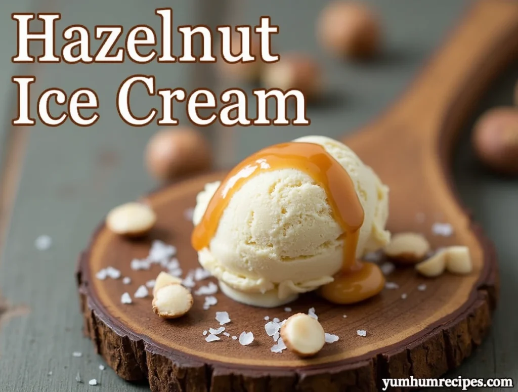 A scoop of creamy hazelnut ice cream on a rustic wooden board, ready to be topped with your favorite ingredients, featuring the keyword "hazelnut ice cream"