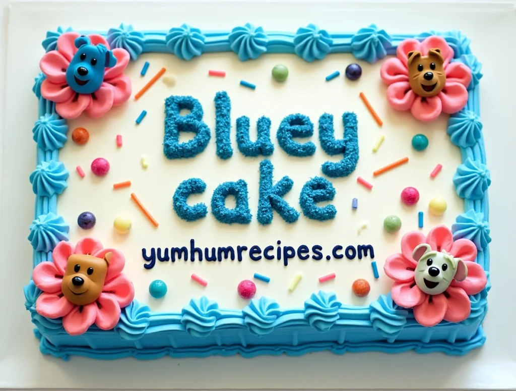 A beautifully decorated bluey cake with Bluey and Bingo characters, colorful frosting, and birthday candles.