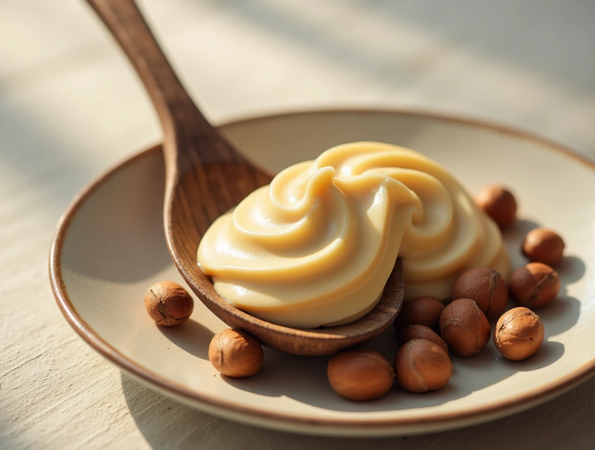 A wooden spoon resting on a vintage plate, surrounded by fresh hazelnuts and a dollop of creamy hazelnut cream.