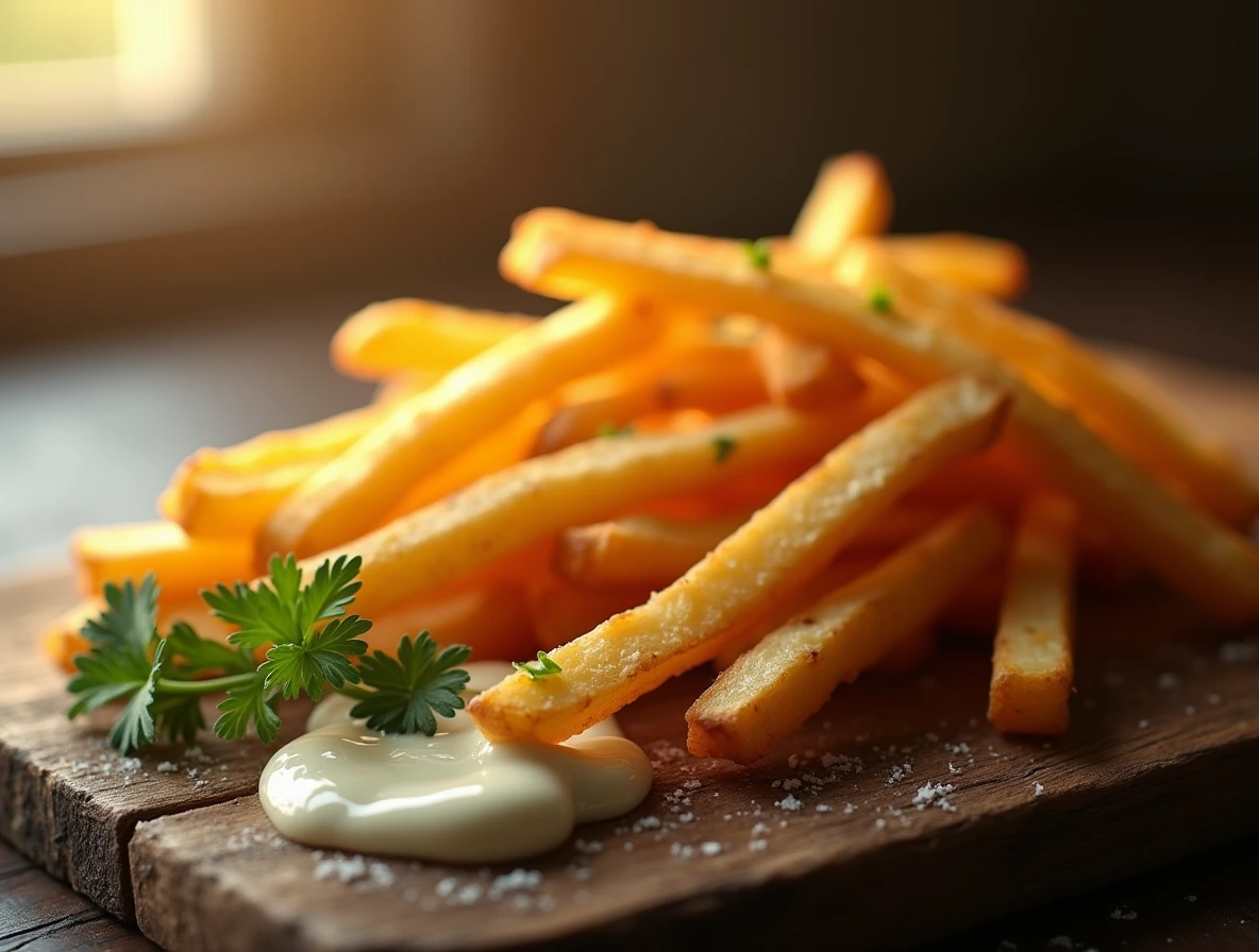 Introducing Hot Fries: The Ultimate Snacking Experience A close-up shot of Hot Fries on a wooden board, garnished with parsley and aioli, with a warm and inviting atmosphere.
