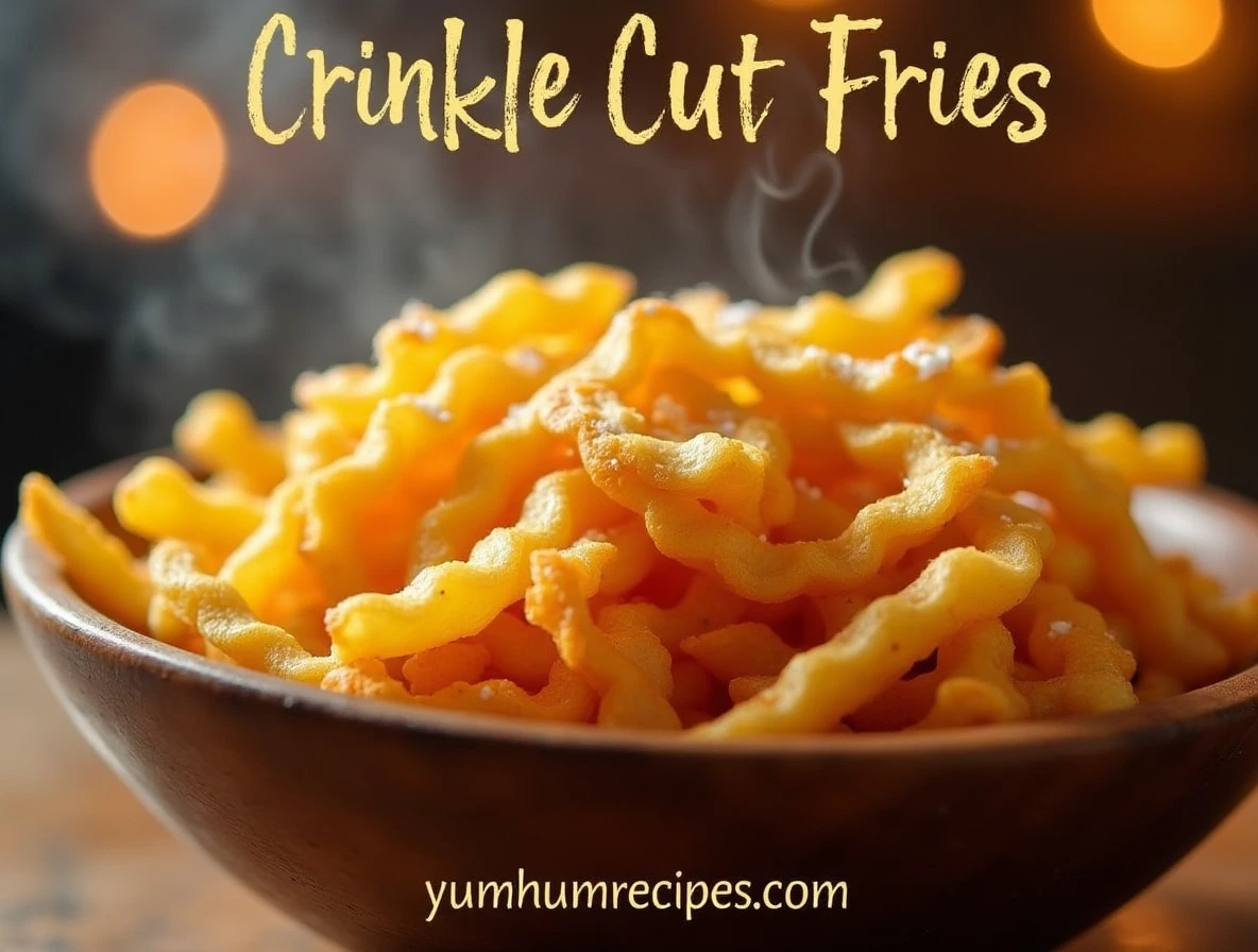 Close-up of steaming crinkle cut fries in a wooden bowl, sprinkled with sea salt.