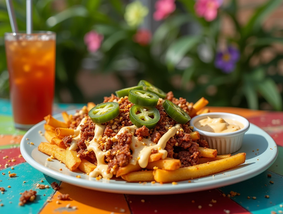 Delicious voodoo fries topped with cheese, pulled pork, and jalapeños on a colorful table in a tropical outdoor setting.