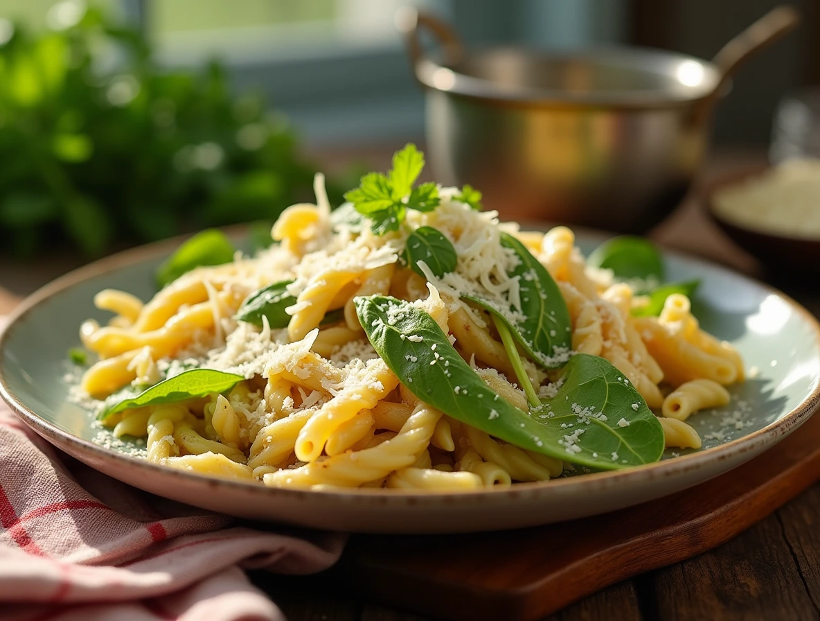 A close-up shot of a delectable Caesar Pasta Salad Recipe, with fresh romaine lettuce, al dente pasta, shaved Parmesan cheese, and creamy Caesar dressing.