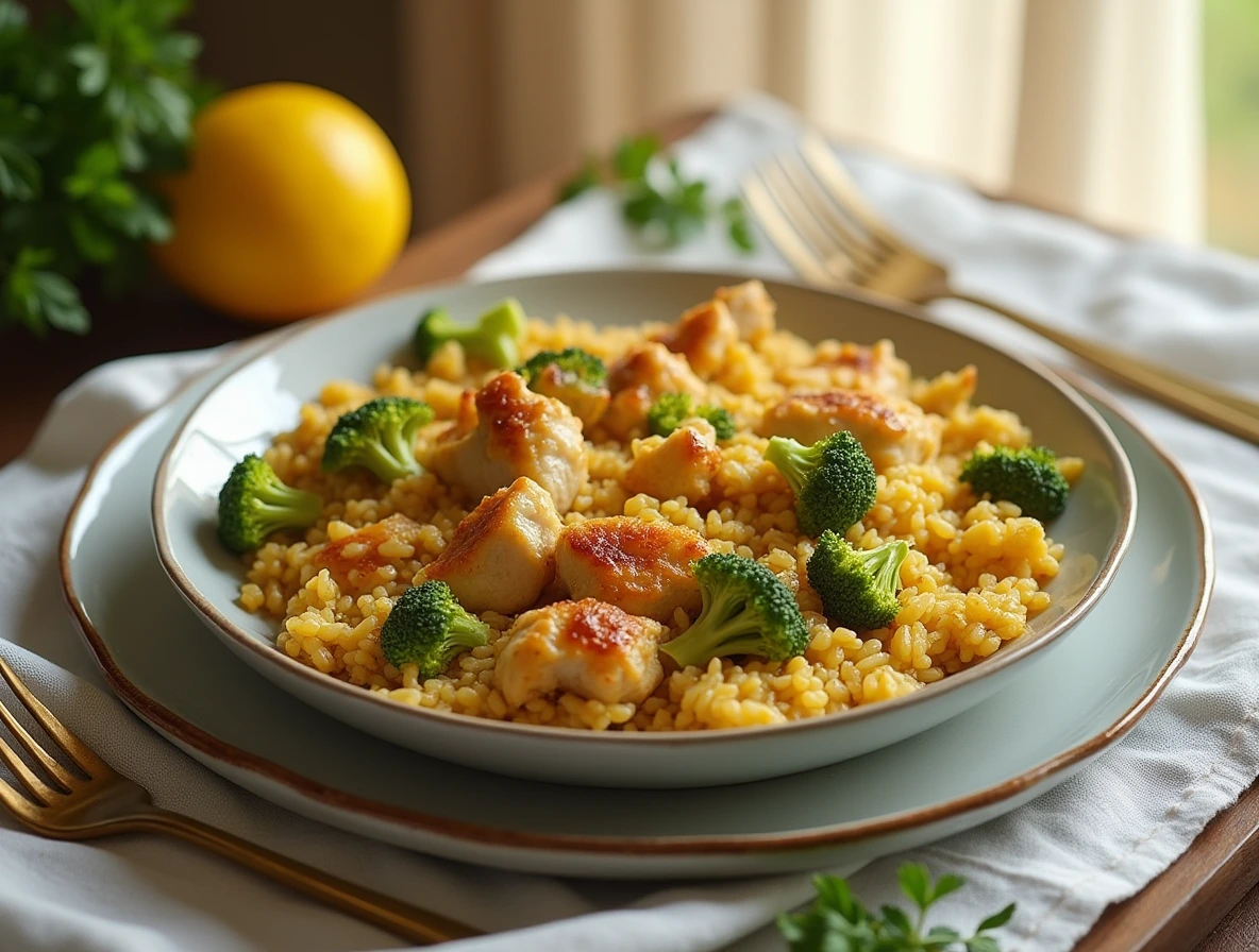 A mouthwatering image of a Chicken Broccoli Rice Casserole with a golden-brown crust and vibrant colors.