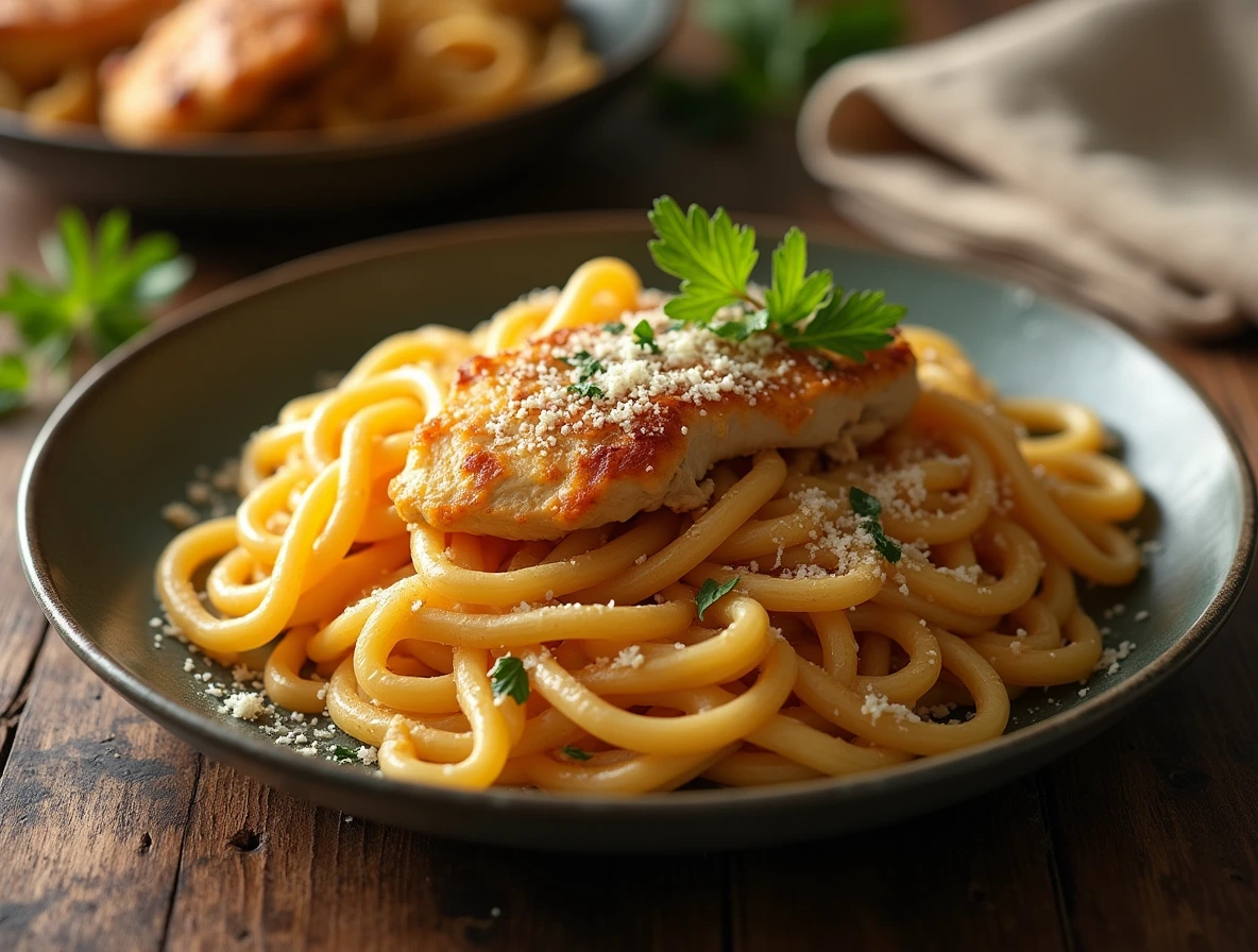 A mouthwatering Garlic Parmesan Chicken Pasta dish with tender chicken, al dente pasta, and rich, creamy sauce.